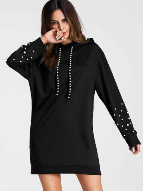 Pearl Beaded Detail Sweatshirt Dress -  Lovely Dealz 