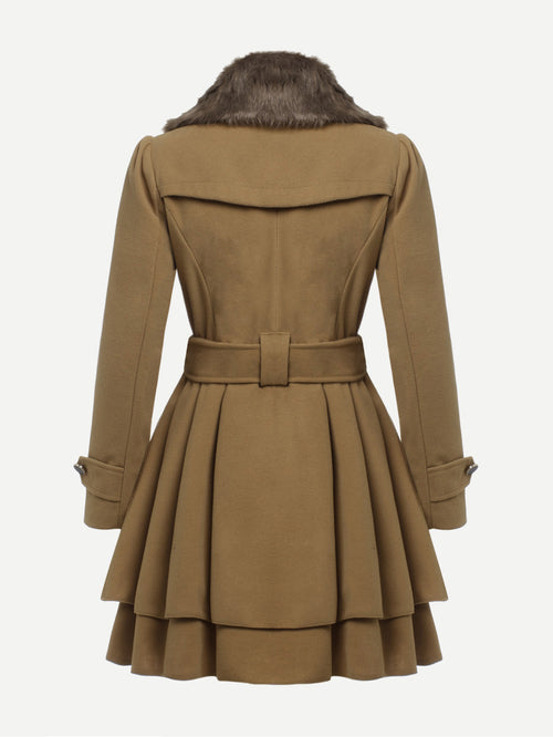 Contrast Faux Fur Collar Double Layered Hem Coat -  Lovely Dealz 