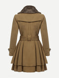 Contrast Faux Fur Collar Double Layered Hem Coat -  Lovely Dealz 