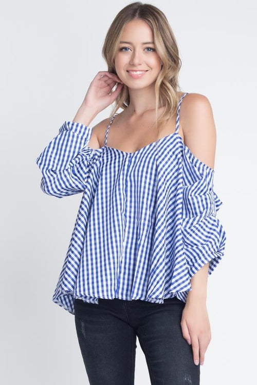 Women's Cold Shoulder Checkered Top -  Lovely Dealz 