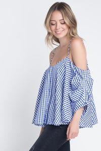 Women's Cold Shoulder Checkered Top -  Lovely Dealz 