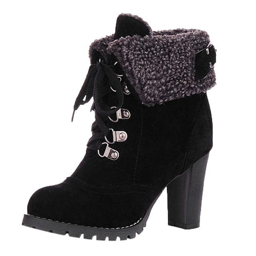 Winter Lace-Up High Thick Short Boots Shoes Women -  Lovely Dealz 