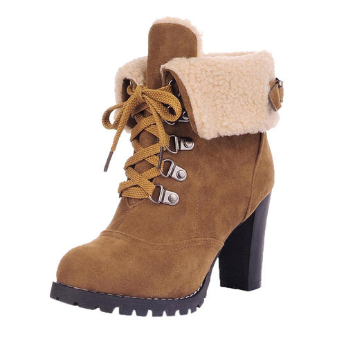Winter Lace-Up High Thick Short Boots Shoes Women -  Lovely Dealz 